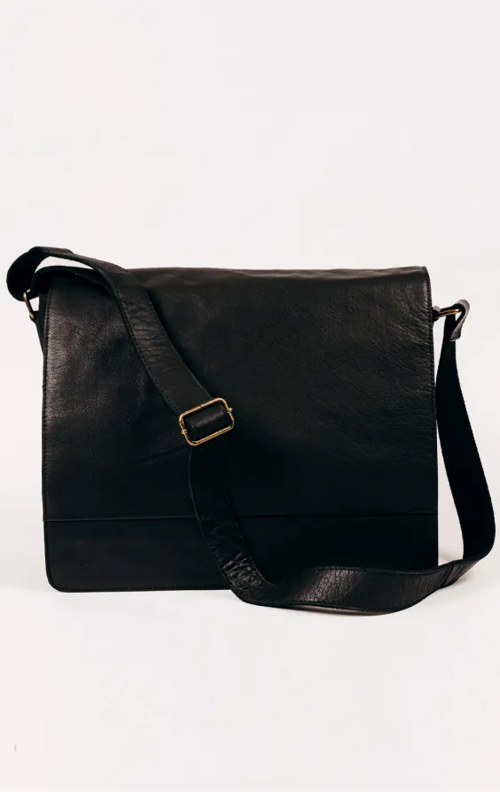 Svart läder stor messenger bag