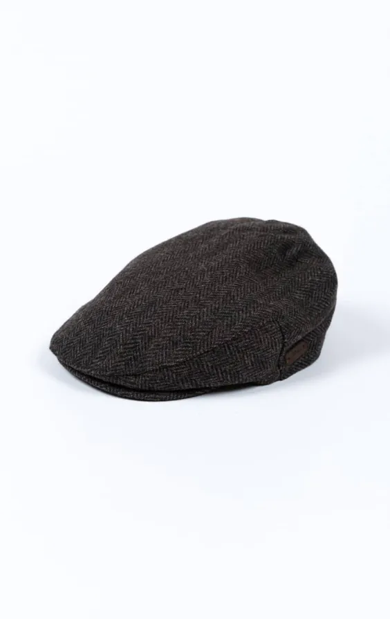 Grå fiskbensmönstrad tweed flat keps