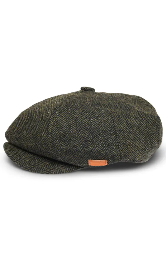 Olivgrön fiskbensmönstrad tweed baker boy cap - photo 2