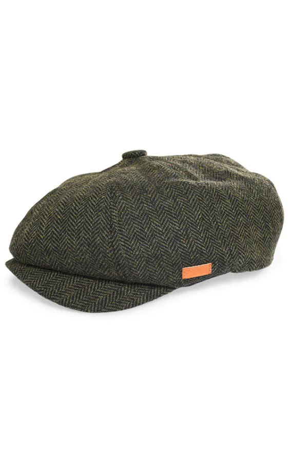 Olivgrön fiskbensmönstrad tweed baker boy cap