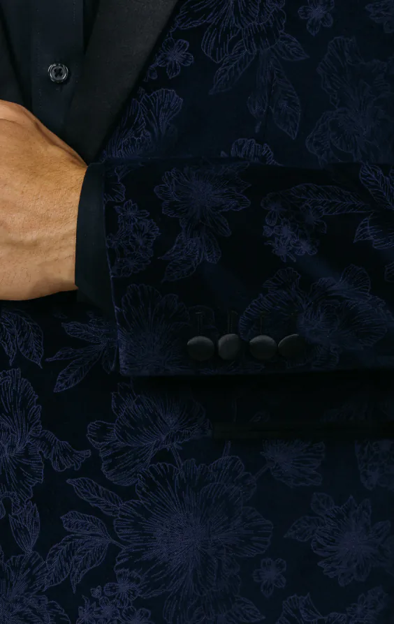 Marinblå smokingkavaj med blommig jacquard i sammet - photo 2