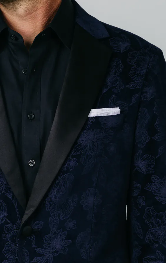 Marinblå smokingkavaj med blommig jacquard i sammet - photo 3