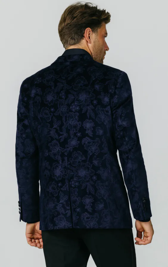Marinblå smokingkavaj med blommig jacquard i sammet - photo 5