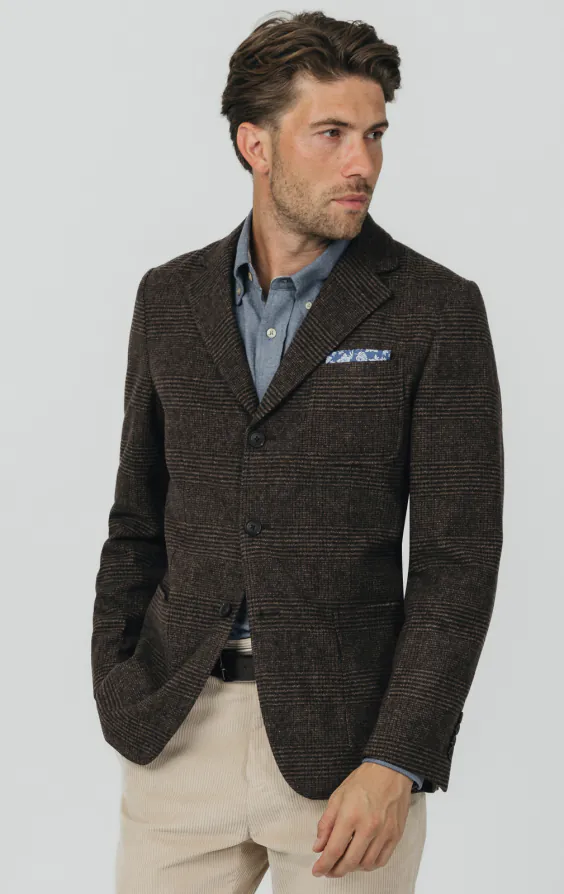 Brun Prince of Wales tweed rutig kavaj med påsydda fickor Brun Prince of Wales tweed rutig kavaj med påsydda fickor