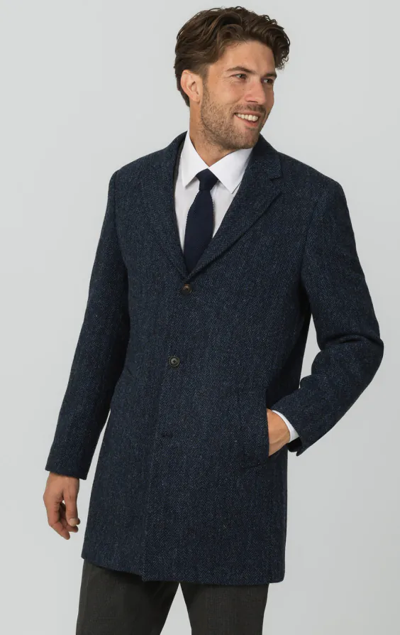 Harris Tweed blå fiskbensmönstrad tweed överrock