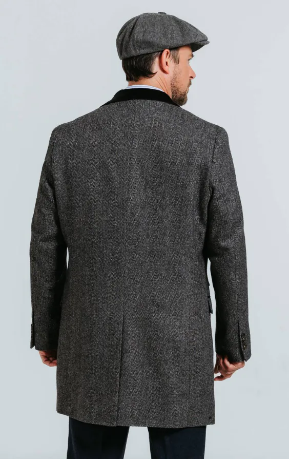 Grå fiskbensmönstrad tweed överrock med sammetsdetaljer - photo 2