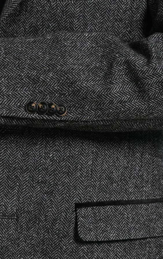 Grå fiskbensmönstrad tweed överrock med sammetsdetaljer - photo 3