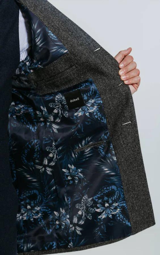 Grå fiskbensmönstrad tweed överrock med sammetsdetaljer - photo 5