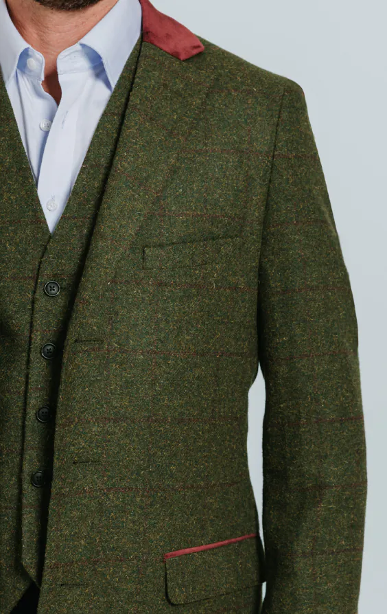 Grön fönsterrutig tweed överrock med sammetsdetaljer - photo 3
