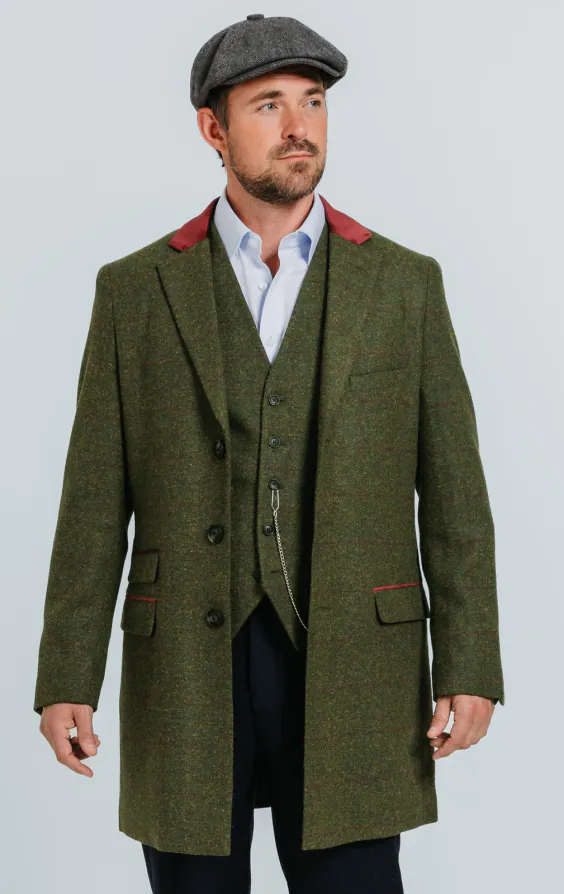 Grön fönsterrutig tweed överrock med sammetsdetaljer