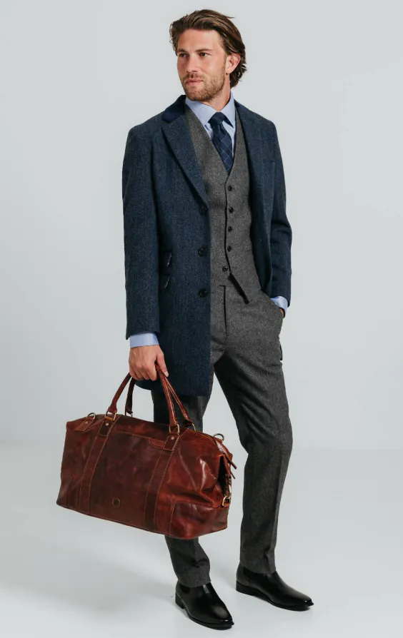Navy fiskbensmönstrad tweed överrock med sammets detaljer - photo 2