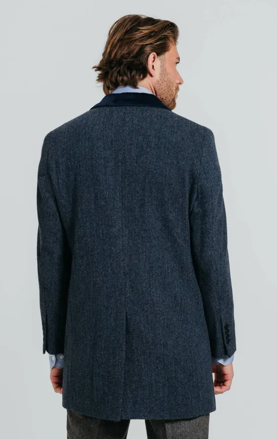 Navy fiskbensmönstrad tweed överrock med sammets detaljer - photo 3