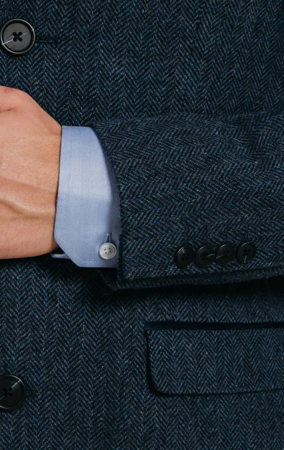 Navy fiskbensmönstrad tweed överrock med sammets detaljer - photo 4