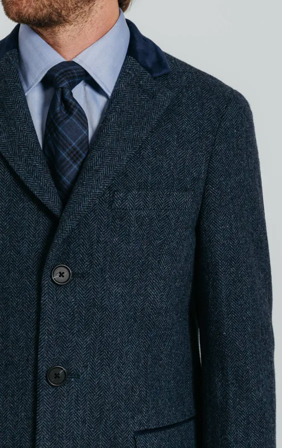Navy fiskbensmönstrad tweed överrock med sammets detaljer - photo 5