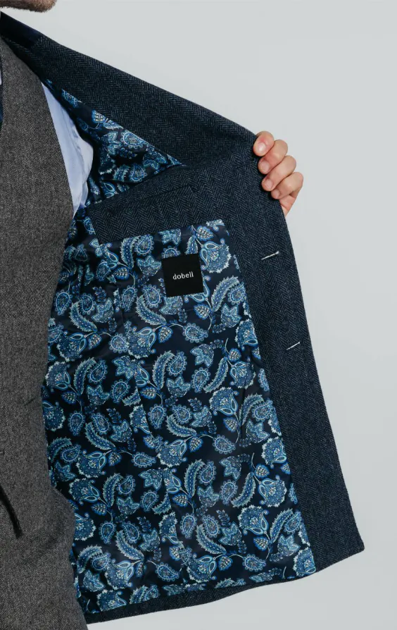 Navy fiskbensmönstrad tweed överrock med sammets detaljer - photo 6