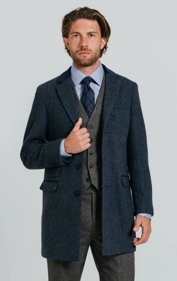 Navy fiskbensmönstrad tweed överrock med sammets detaljer