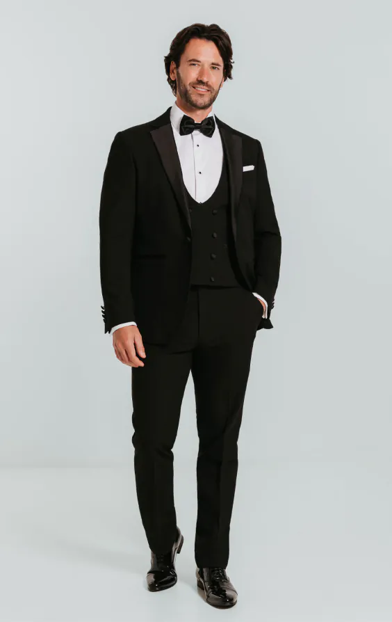Slimfit 3-delad svart smoking med trubbiga slag - photo 1