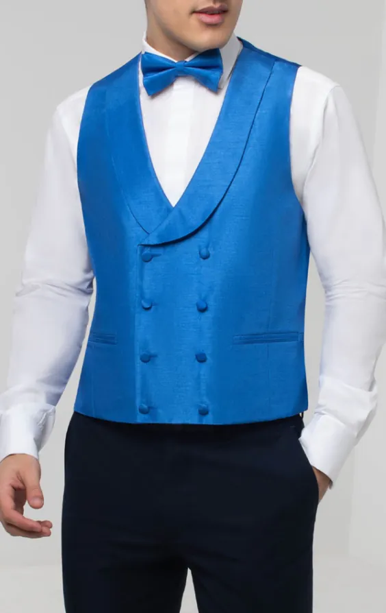 Azurblå dubbelknäppt väst med sjalslag i polyester dupion - photo 1