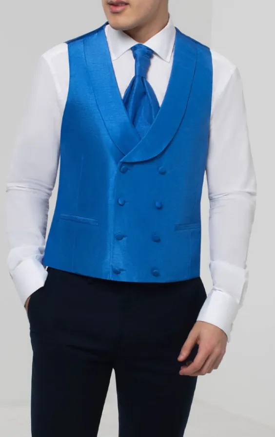 Azurblå dubbelknäppt väst med sjalslag i polyester dupion - photo 2
