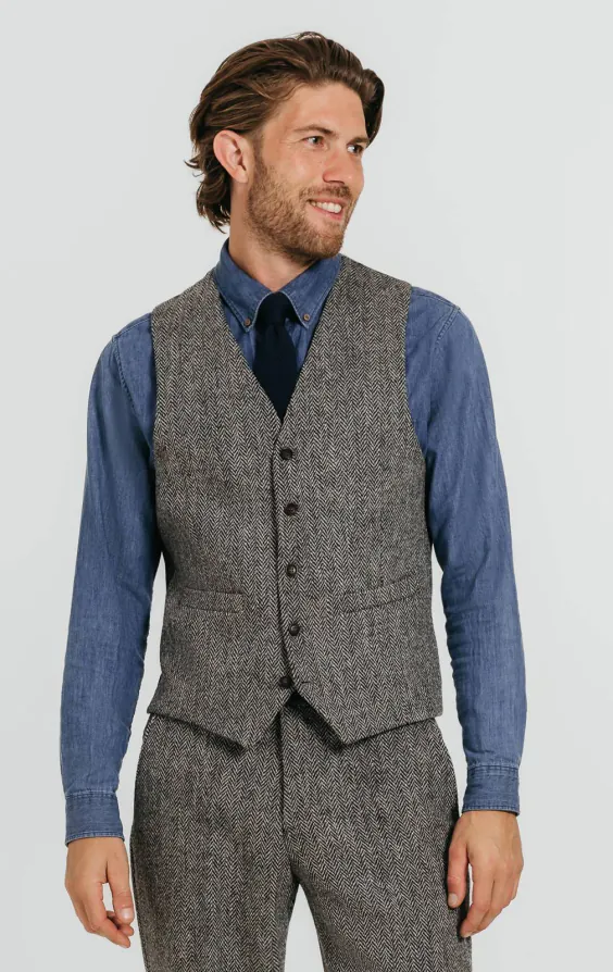 Harris Tweed väst, svart/grå, fiskbensmönstrad
