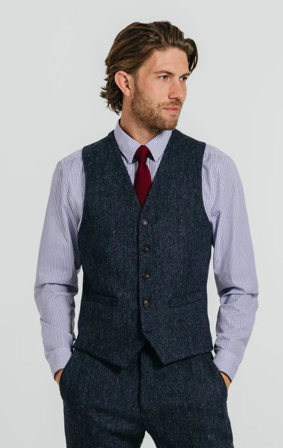 Harris Tweed Väst, blå/svart, fiskbensmönstrad