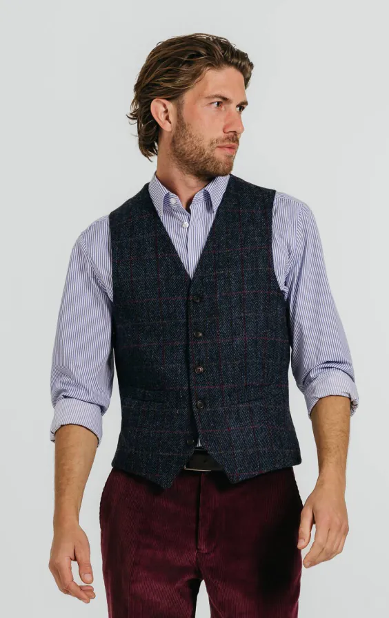 Harris Tweed mörkblå storrutig tweed väst