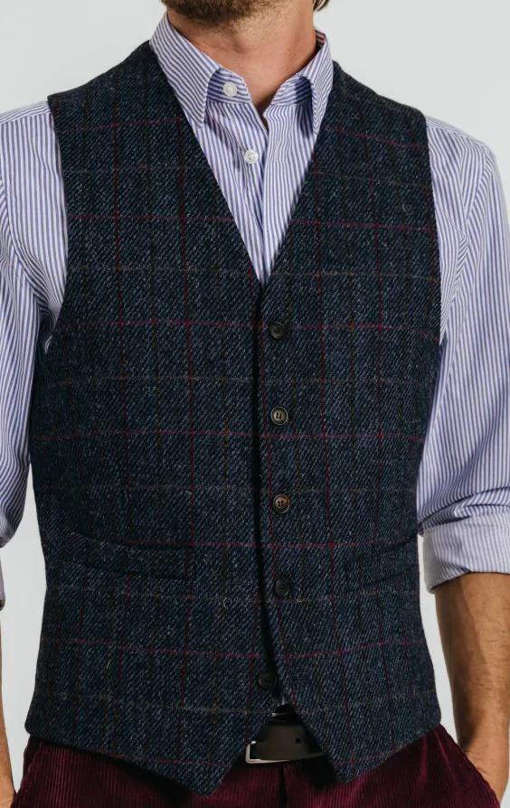 Harris Tweed mörkblå storrutig tweed väst - photo 1