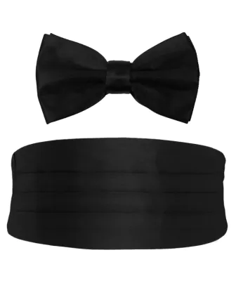 Svart kummerband i polyester och knuten fluga i ett set