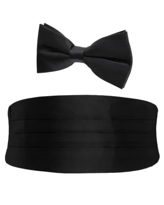 Svart kummerband i polyester och knuten fluga i ett set