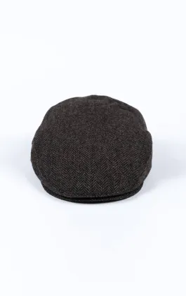 Grå fiskbensmönstrad tweed flat keps