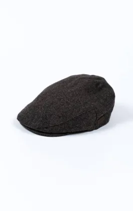 Grå fiskbensmönstrad tweed flat keps