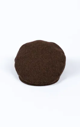 Brun fiskbensmönstrad tweed flat keps