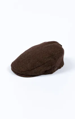 Brun fiskbensmönstrad tweed flat keps