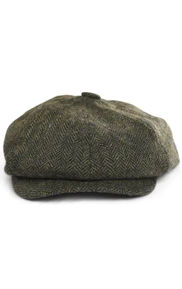 Olivgrön fiskbensmönstrad tweed baker boy cap