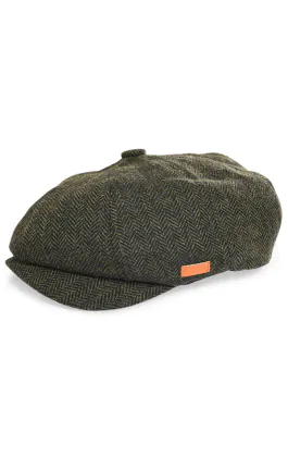 Olivgrön fiskbensmönstrad tweed baker boy cap