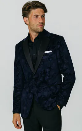 Marinblå smokingkavaj med blommig jacquard i sammet