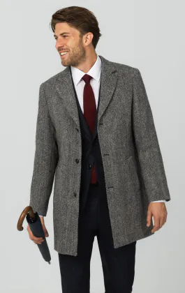 Harris Tweed grå fiskbensmönstrad tweed överrock