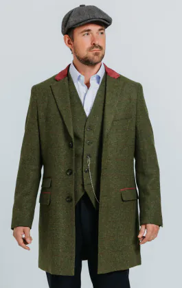 Grön fönsterrutig tweed överrock med sammetsdetaljer