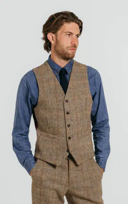 Harris Tweed väst, brun, storrutig