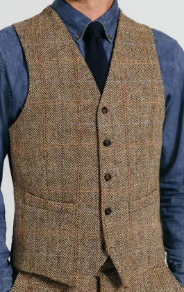 Harris Tweed väst, brun, storrutig