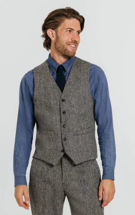 Harris Tweed väst, svart/grå, fiskbensmönstrad