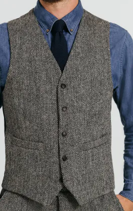 Harris Tweed väst, svart/grå, fiskbensmönstrad