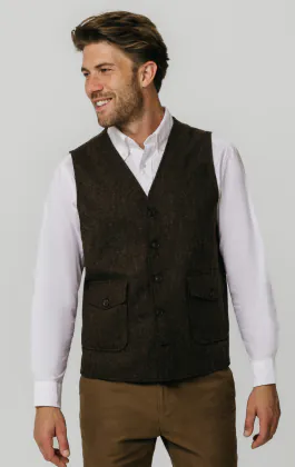 Brun barleycorn tweed väst med påsydda fickor